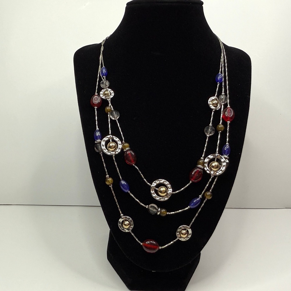 Three Strand Layered Necklace Red Blue Glass Beads Silvertone Accents Jewelry